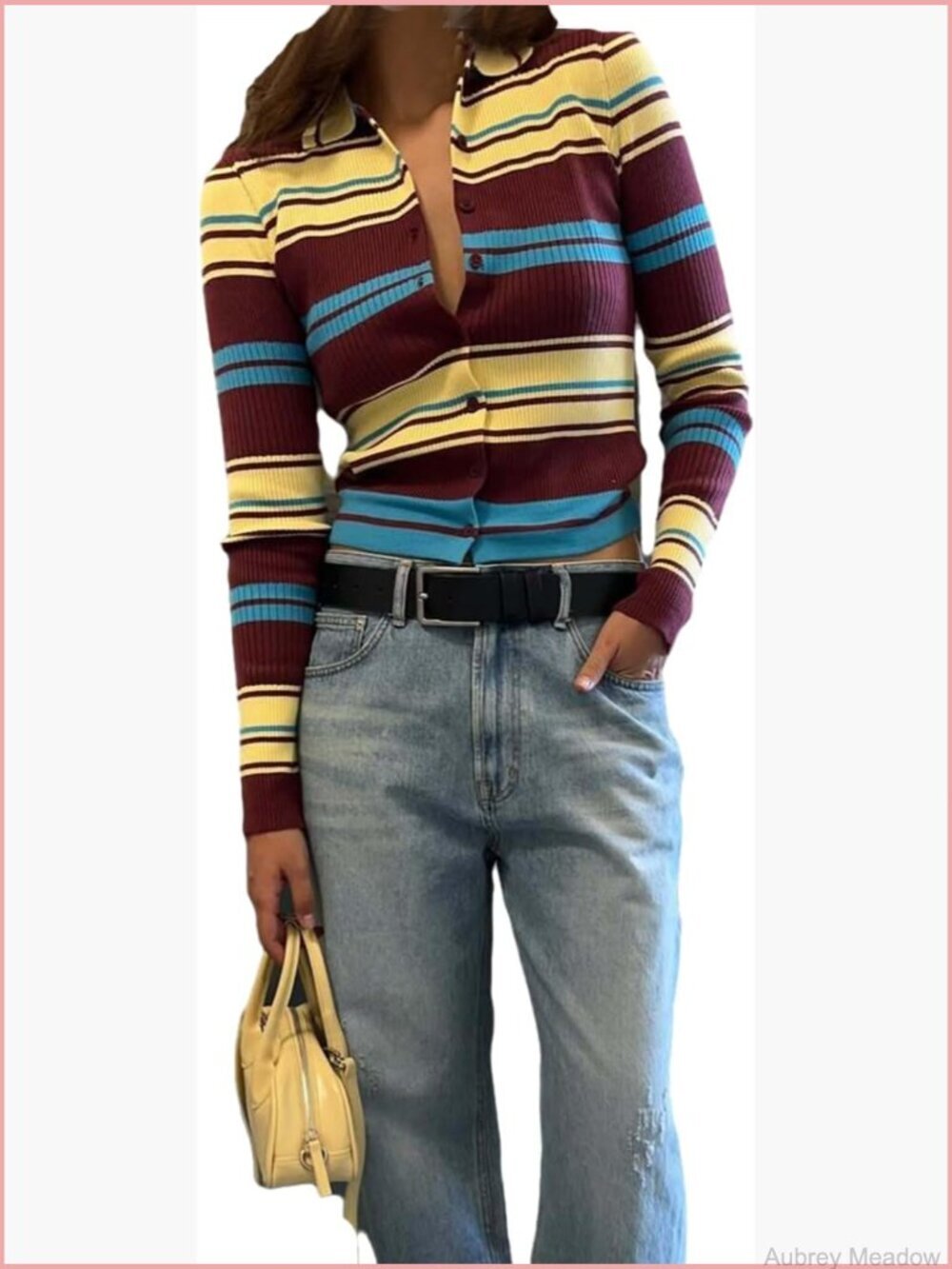 Striped Cropped Cardigan Vintage Lapel Collar Button Down Ribbed Knit Sweater